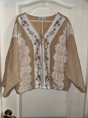 Tan Lace-Embroidered Tie-Front Blouse